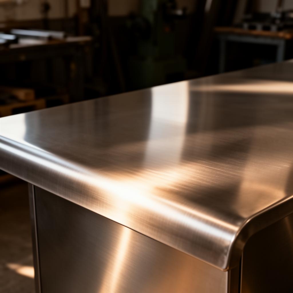 Close-up of a flawless brushed stainless steel benchtop fabricated in-house