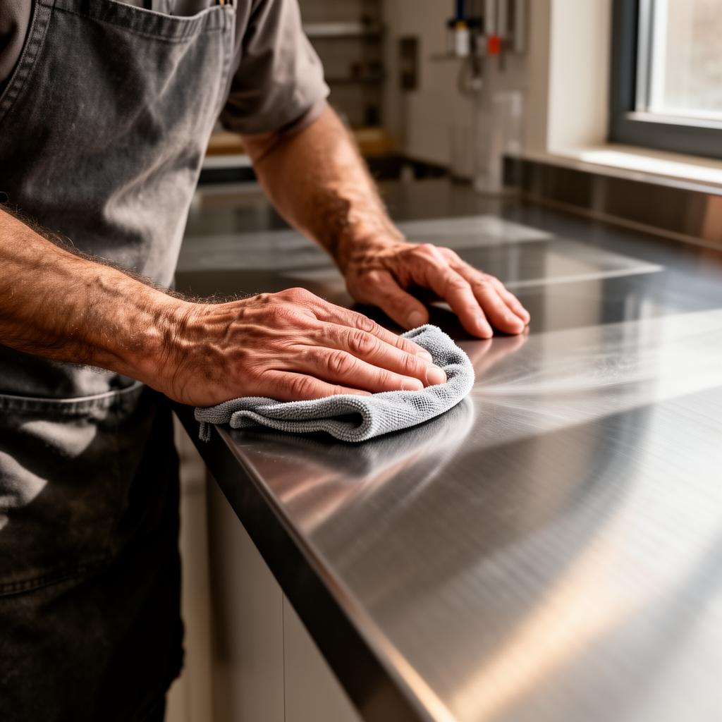 Craftsman's hands finishing a brushed stainless steel benchtop in our workshop